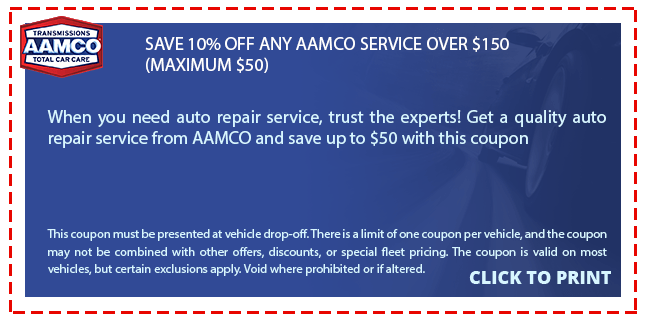 TRANSMISSIONS AAMCO SAVE 10% OFF ANY AAMCO SERVICE OVER $150 (MAXIMUM $50) TOTAL CAR CARE When you need auto repair service, trust the experts! Get a quality auto repair service from AAMCO and save up to $50 with this coupon This coupon must be presented at vehide drop-off. There is a limit of one coupon per vehicle, and the coupon may not be combined with other offers, discounts, or special fleet pricing. The coupon is valid on most vehicles, but certain exclusions apply. Void where prohibited or if altered. CLICK TO PRINT